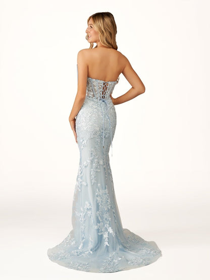 Arvin | Strapless Red Mermaid Lace Appliques Long Prom Dress with Bow