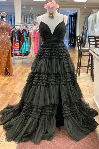 V-neck Pink Tulle Tiered Long Formal Dress