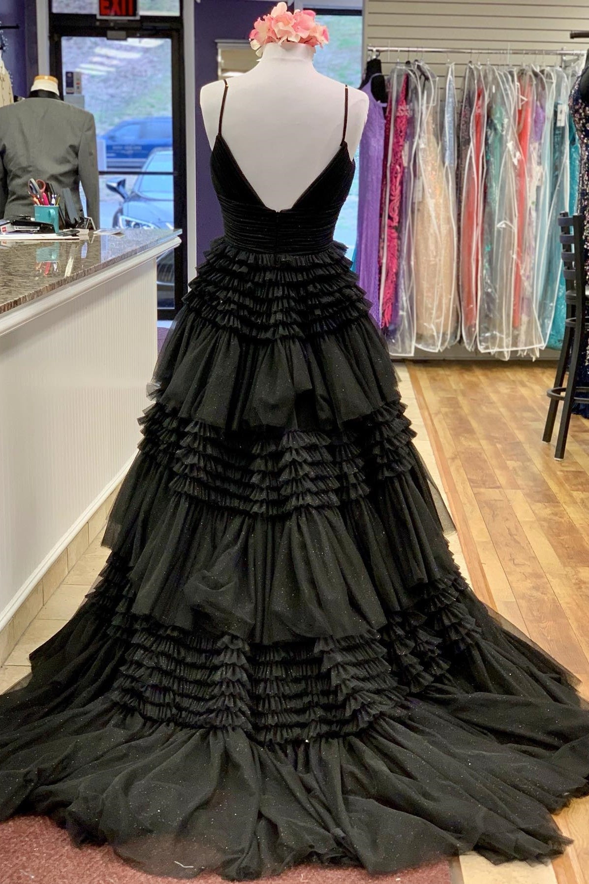 V-neck Pink Tulle Tiered Long Formal Dress