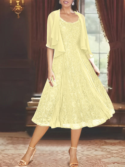 A-Line/Princess Scoop Half Sleeves Tea-Length Mother of the Bride Dresses with Appliques & Jackets