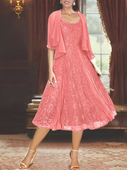 A-Line/Princess Scoop Half Sleeves Tea-Length Mother of the Bride Dresses with Appliques & Jackets