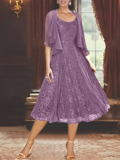 A-Line/Princess Scoop Half Sleeves Tea-Length Mother of the Bride Dresses with Appliques & Jackets
