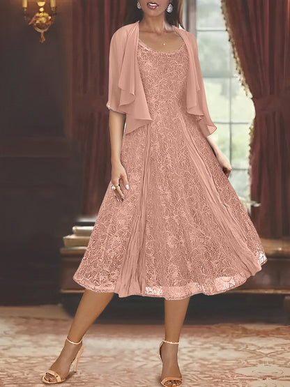 A-Line/Princess Scoop Half Sleeves Tea-Length Mother of the Bride Dresses with Appliques & Jackets