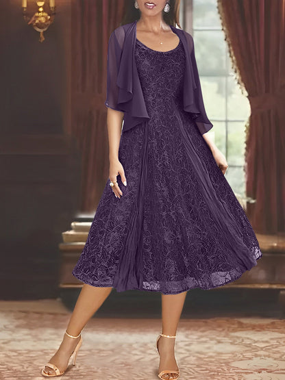 A-Line/Princess Scoop Half Sleeves Tea-Length Mother of the Bride Dresses with Appliques & Jackets