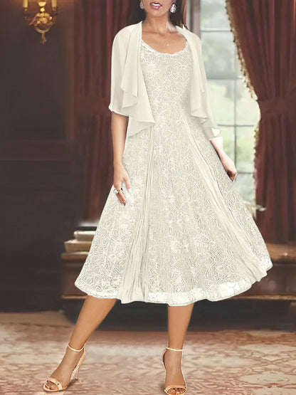 A-Line/Princess Scoop Half Sleeves Tea-Length Mother of the Bride Dresses with Appliques & Jackets