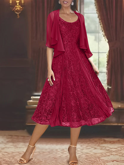 A-Line/Princess Scoop Half Sleeves Tea-Length Mother of the Bride Dresses with Appliques & Jackets