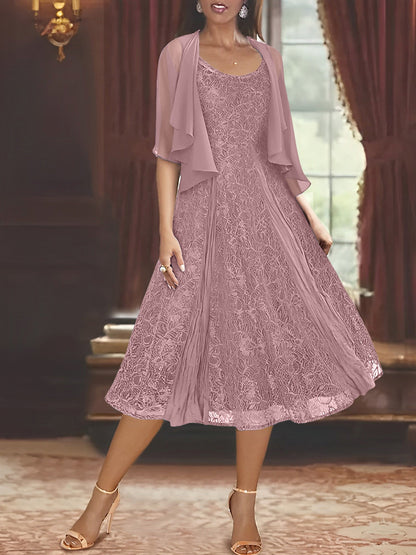 A-Line/Princess Scoop Half Sleeves Tea-Length Mother of the Bride Dresses with Appliques & Jackets