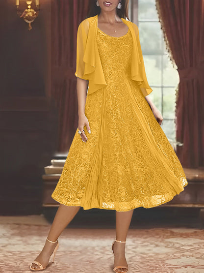 A-Line/Princess Scoop Half Sleeves Tea-Length Mother of the Bride Dresses with Appliques & Jackets