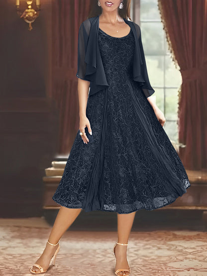 A-Line/Princess Scoop Half Sleeves Tea-Length Mother of the Bride Dresses with Appliques & Jackets