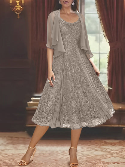 A-Line/Princess Scoop Half Sleeves Tea-Length Mother of the Bride Dresses with Appliques & Jackets