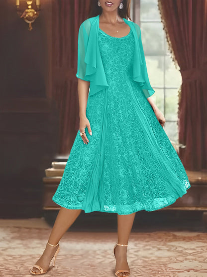 A-Line/Princess Scoop Half Sleeves Tea-Length Mother of the Bride Dresses with Appliques & Jackets