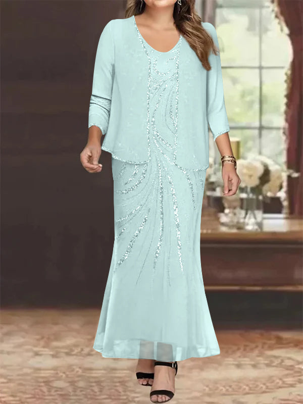 Sheath/Column V-Neck Ankle-Length Plus Size Mother of the Bride Dresses with Jacket & Sequins