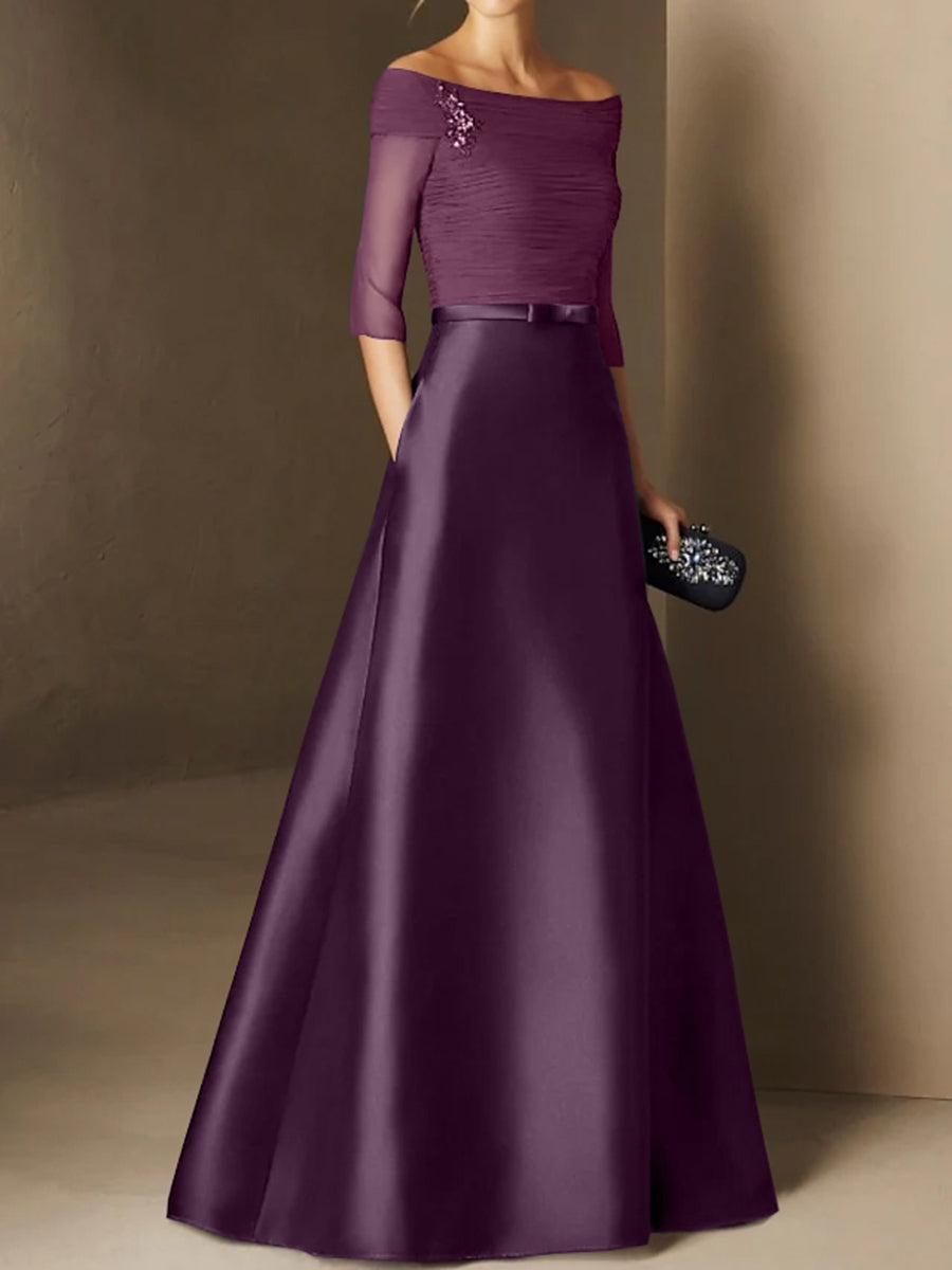 A-Line/Princess Off-the-Shoulder Short Sleeves Mother of the Bride Dresses with Belt Applique