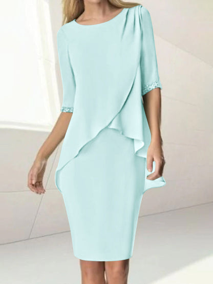Sheath/Column Jewel Neck Knee-Length Half Sleeve Mother of the Bride Dresses with Beading Ruching