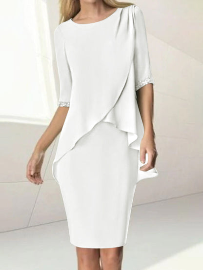 Sheath/Column Jewel Neck Knee-Length Half Sleeve Mother of the Bride Dresses with Beading Ruching