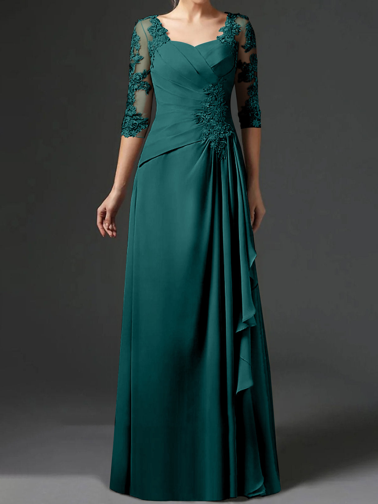 A-Line/Princess Square Neck Half Sleeves Floor-Length Mother of the Bride Dresses With Ruching