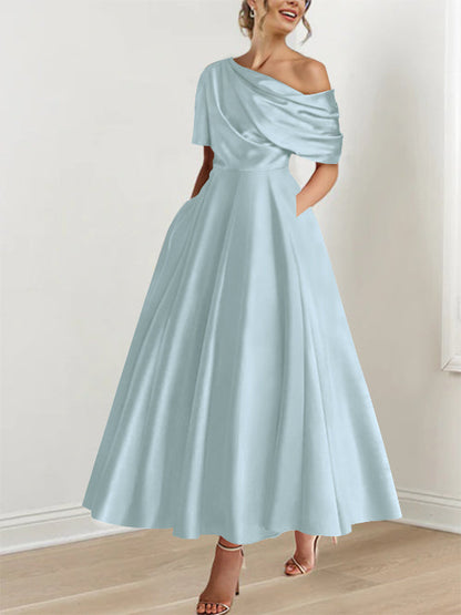 A-Line/Princess One-shoulder Half Sleeve Ankle-Length Mother of the Bride Dresses with Ruffles