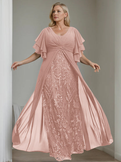 A-Line/Princess V-Neck Half Sleeves Floor-Length Plus Size Mother of the Bride Dresses with Pleated