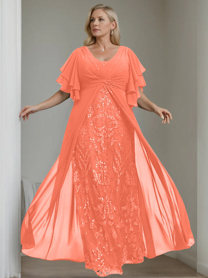 A-Line/Princess V-Neck Half Sleeves Floor-Length Plus Size Mother of the Bride Dresses with Pleated