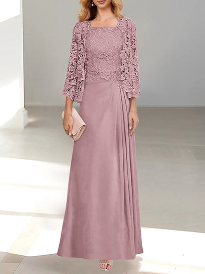 2 Pieces A-Line/Princess Scoop Floor-Length Mother of the Bride Dresses with Pleated & Lace Appliques
