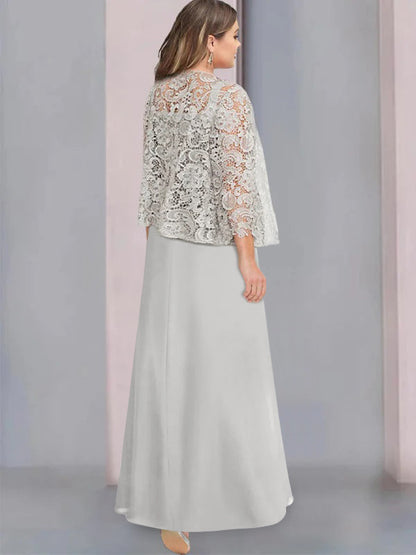 2 Pieces A-Line/Princess Scoop Floor-Length Mother of the Bride Dresses with Pleated & Lace Appliques