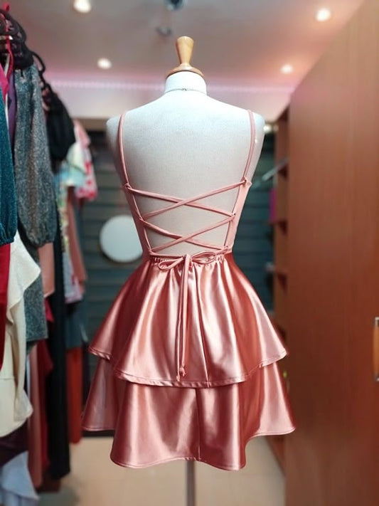 Vestidos de fiesta de graduación sencillos, populares, de corte A, cortos y con tirantes finos en color rosa fg6784