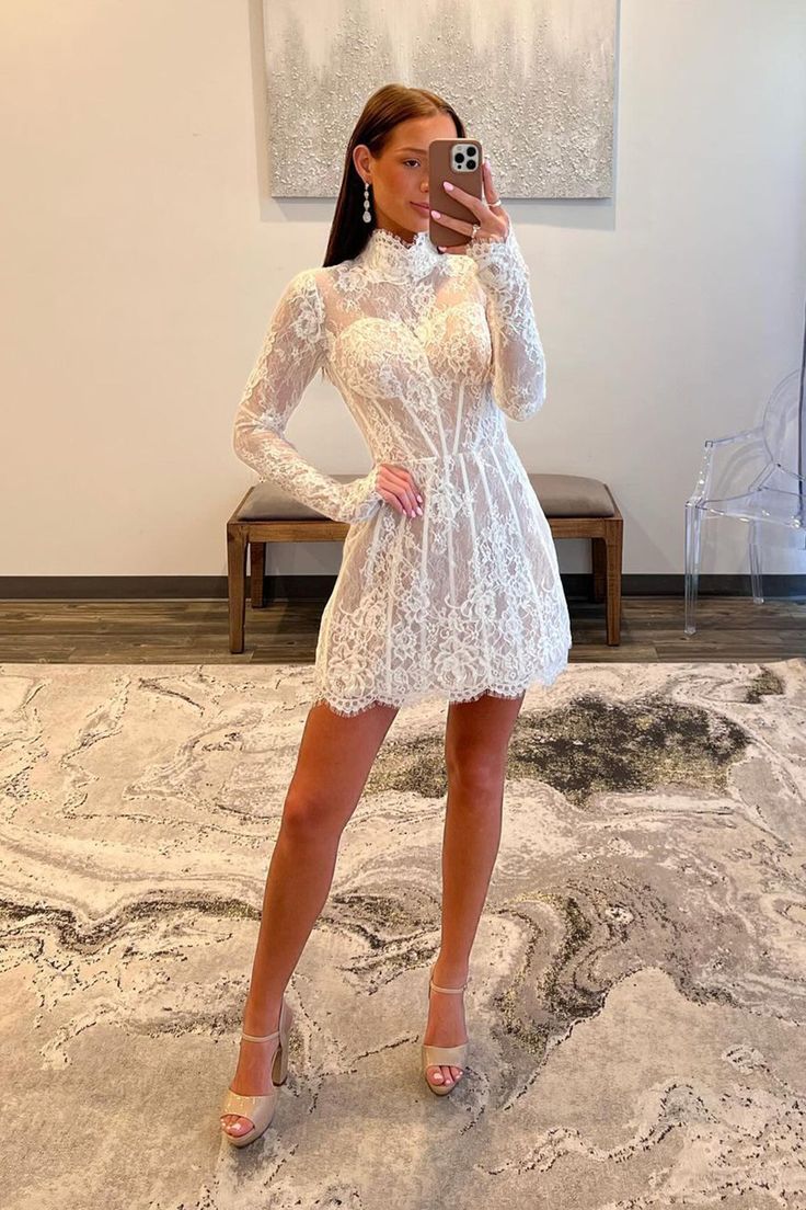 Vestido de fiesta de encaje con mangas largas y corte en A fg6033