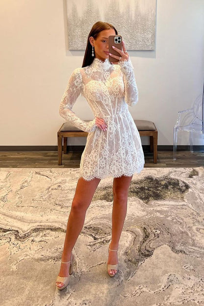 Vestido de fiesta de encaje con mangas largas y corte en A fg6033