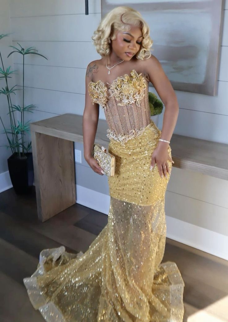Vestido de fiesta de sirena dorado, vestido formal de noche, fiesta de cumpleaños, vestidos de compromiso fg7444