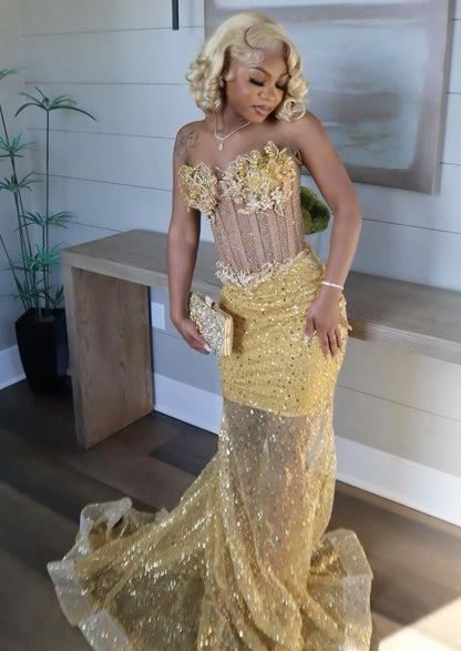 Vestido de fiesta de sirena dorado, vestido formal de noche, fiesta de cumpleaños, vestidos de compromiso fg7444