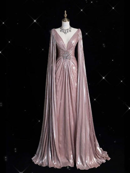 Vestido de fiesta de noche de lujo de corte A, manga larga, escote en V, brillante, hecho a medida, fg7452