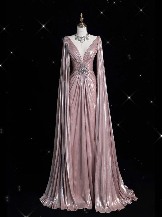 Vestido de fiesta de noche de lujo de corte A, manga larga, escote en V, brillante, hecho a medida, fg7452