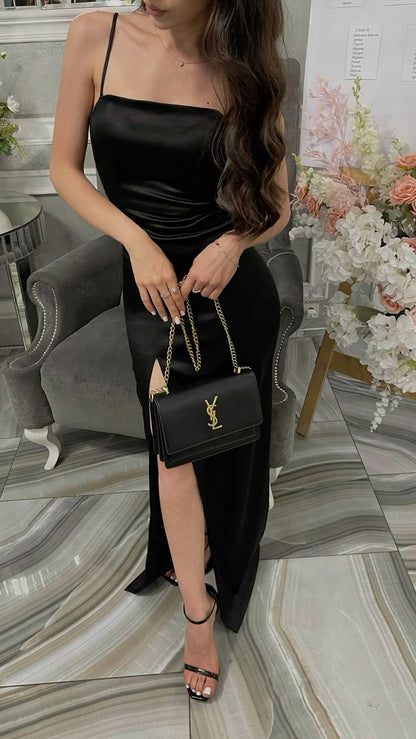Vestido de fiesta negro, vestido de fiesta de noche con abertura fg6524