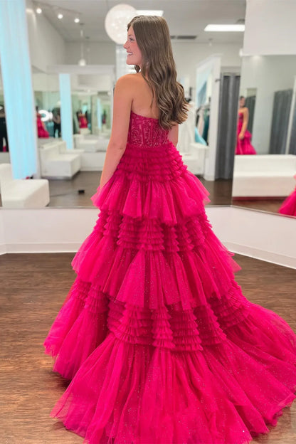 Vestido de fiesta con escote en forma de corazón en rosa intenso, vestido de noche con volantes escalonados en color fucsia