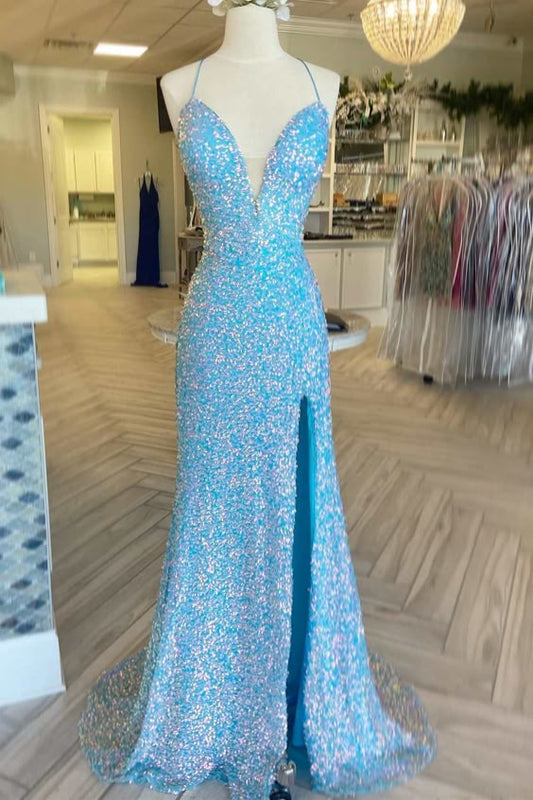 Vestido de fiesta largo con encaje y lentejuelas iridiscentes en azul fg6608