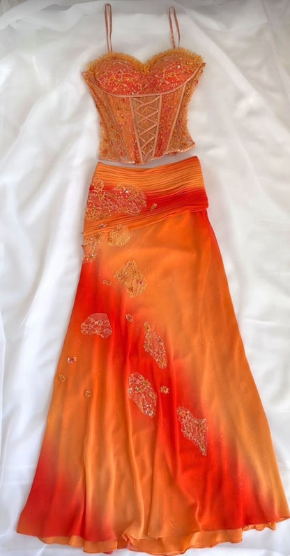 Vestido de fiesta de noche de dos piezas con degradado naranja fg7450