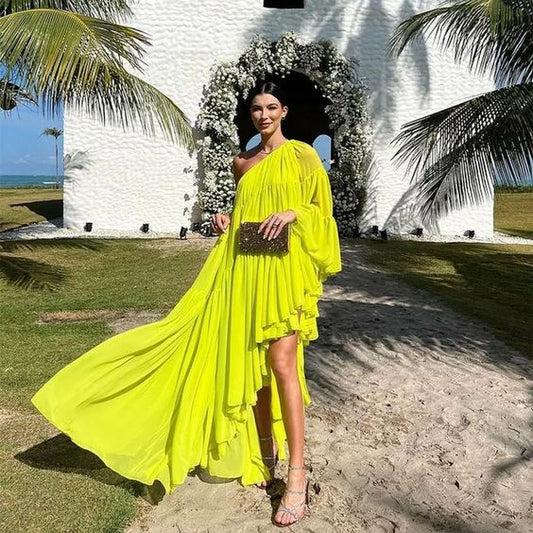 Elegante vestido de noche largo de gasa con un solo hombro, mangas largas con abertura, corte en A, largo hasta el suelo, vestido formal de fiesta para mujer fg5634