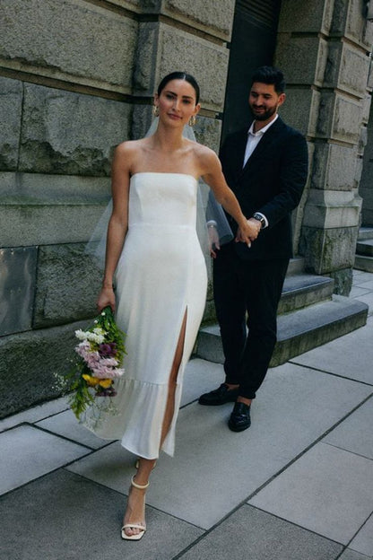 Vestido de novia sencillo sin mangas, de satén, con abertura y escote midi fg6333