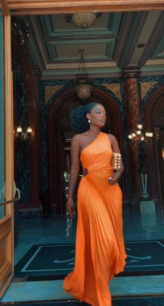 Vestido de fiesta naranja de un solo hombro, vestido de noche para graduación, hecho a medida fg7459