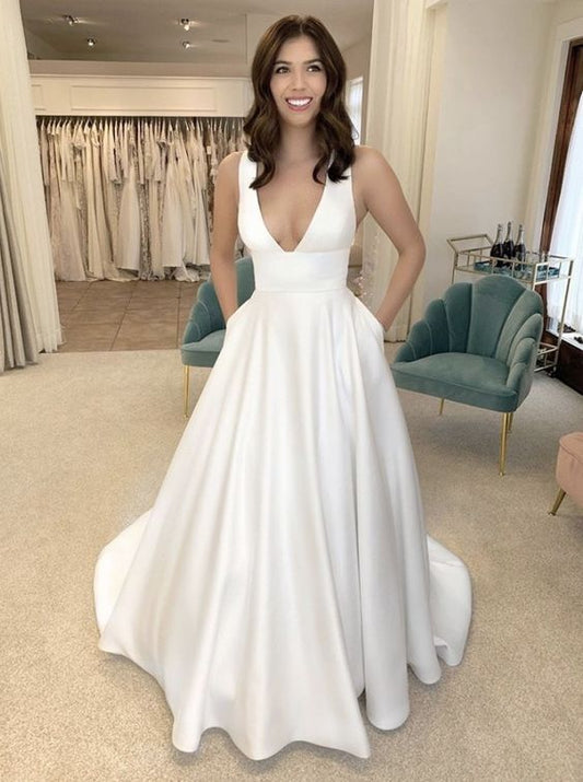 Vestidos de novia vintage largos de satén sencillos de corte A fg6422