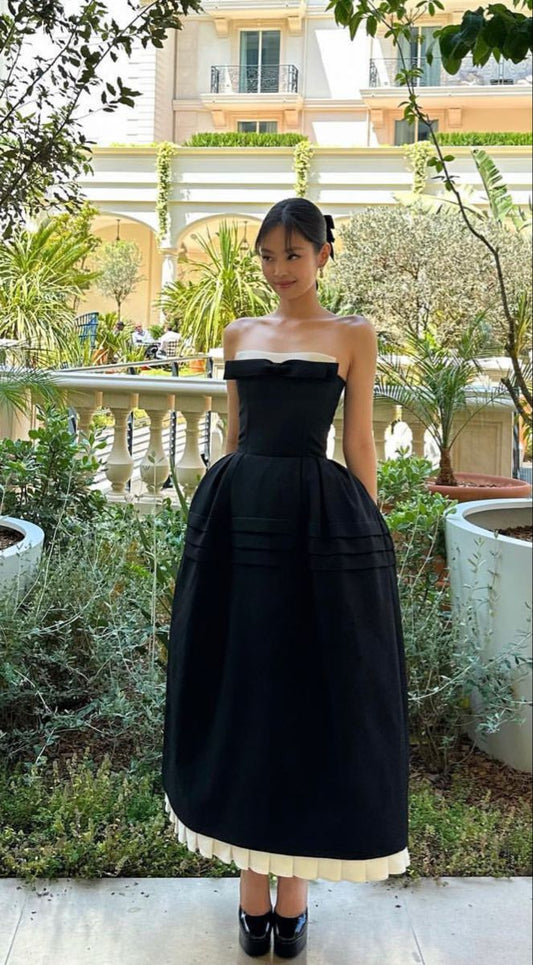 Vestido de fiesta de graduación negro de corte A, vestido de noche formal largo fg7489