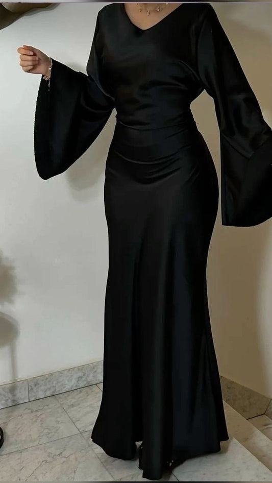 Vestido largo vintage de satén negro para mujer, elegante vestido de noche fg7495