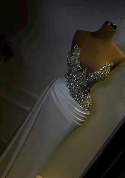 Vestido de noche blanco sexy con escote en V y diamantes fg6777