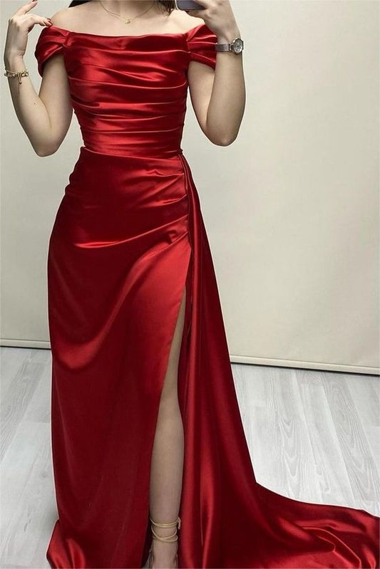 Elegante vestido de noche con escote barco y abertura, vestido de fiesta popular fg6150