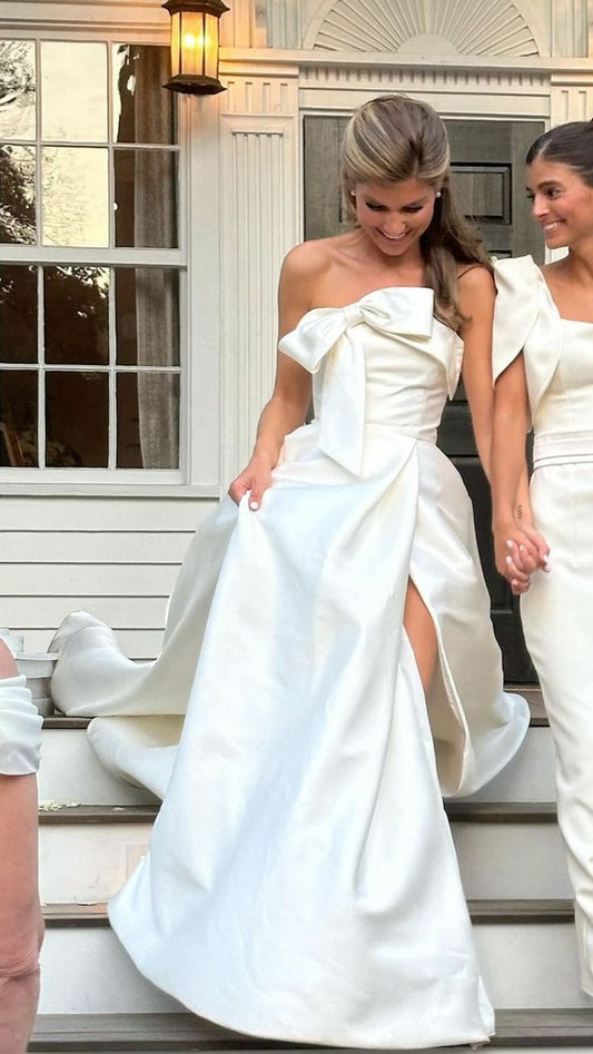 Vestido de novia largo sin tirantes romántico con abertura fg6412