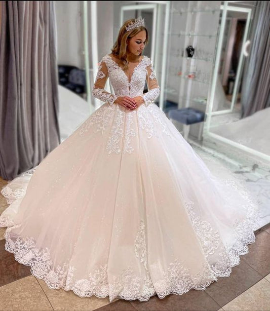 Vestido de novia elegante de tul con apliques de princesa y mangas largas fg6596