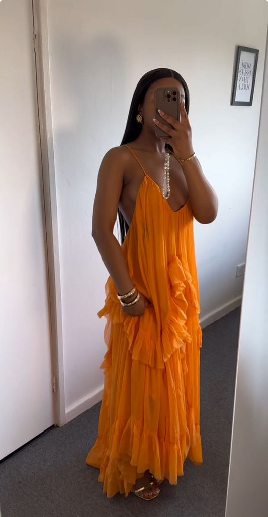 Vestido naranja sexy largo para fiesta de noche fg7448
