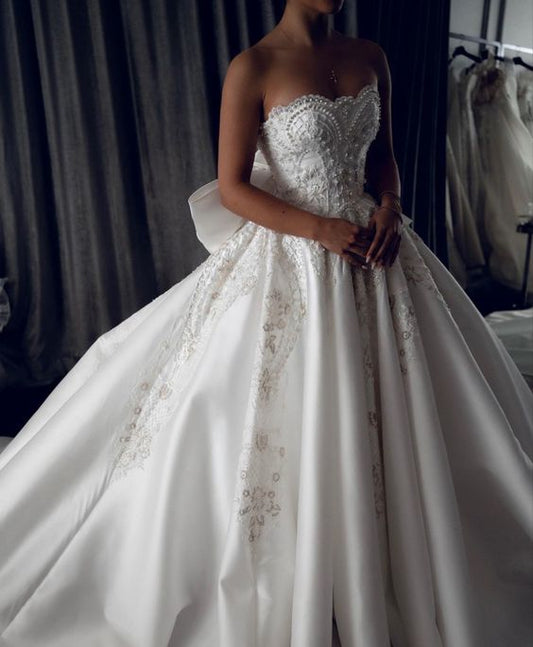 Vestidos de novia vintage largos de satén sin tirantes, corte A, únicos, fg5986