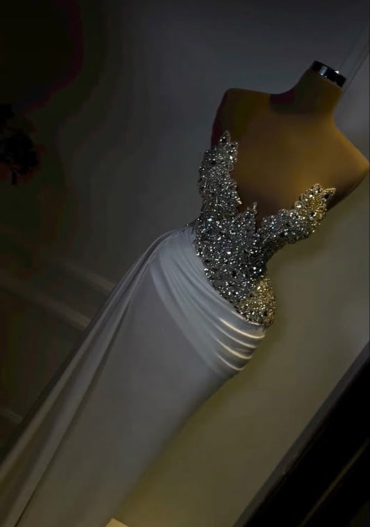 Vestido de noche blanco sexy con escote en V y diamantes fg6777