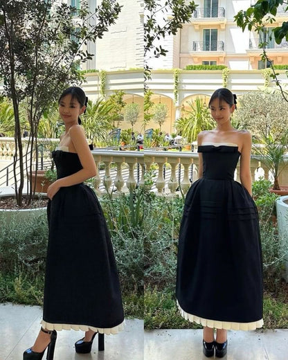 Vestido de fiesta de graduación negro de corte A, vestido de noche formal largo fg7489